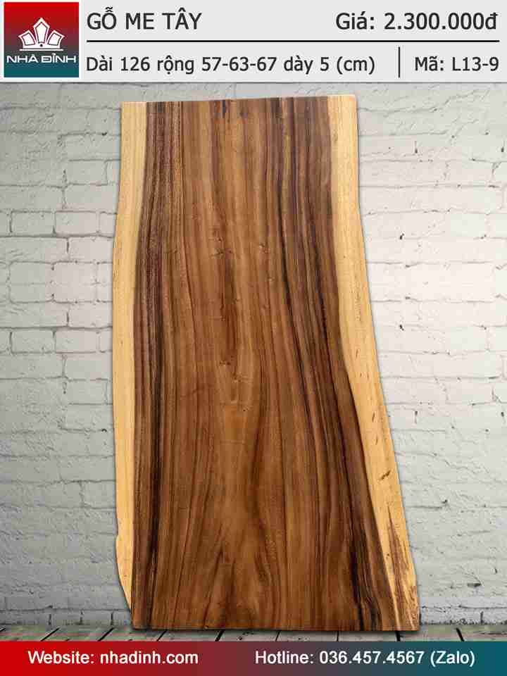 Mặt bàn gỗ Me Tây nguyên tấm dài 126 rộng 57-63-67 dày 5 (cm)