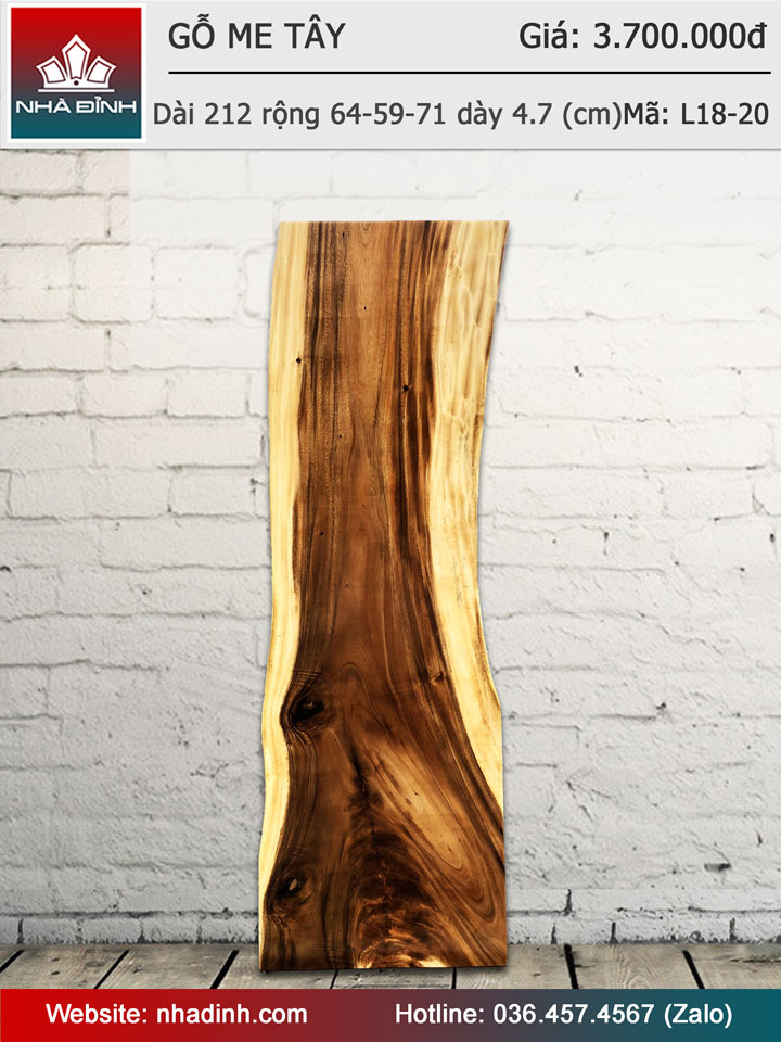 Mặt bàn gỗ Me Tây nguyên khối dài 212 rộng 64-59-71 dày 4,7 (cm)