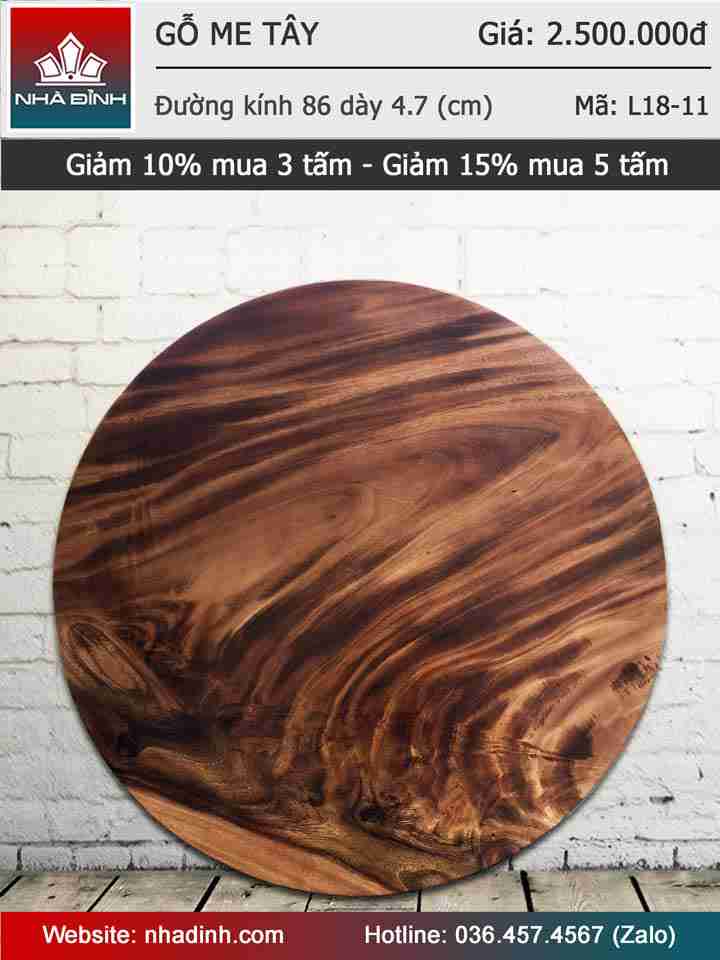 Mặt bàn gỗ Me Tây nguyên khối đường kính 86 dày 4,7 (cm)