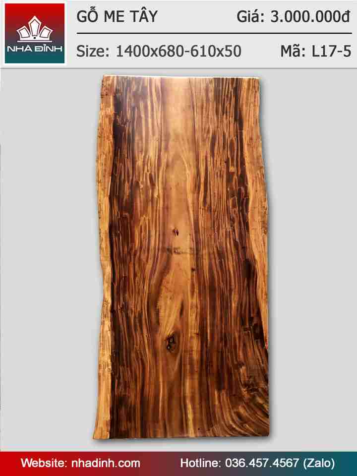 Mặt bàn gỗ Me Tây nguyên khối dài 1400 rộng 680-610 dày 50 (mm)