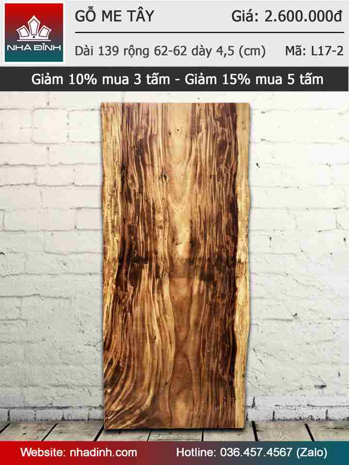 Mặt bàn gỗ Me Tây nguyên khối dài 139 rộng 62-62 dày 4,5 (cm)