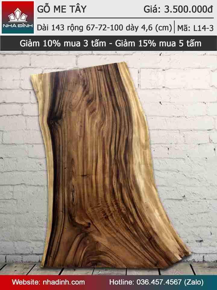 Mặt bàn gỗ Me Tây nguyên khối dài 1430 rộng 670-720-1000 dày 46 (mm)