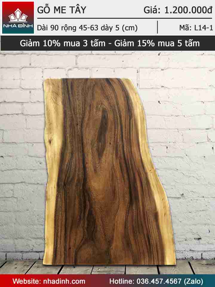 Mặt bàn gỗ Me Tây nguyên khối dài 90 rộng 45-63 dày 5 (cm)