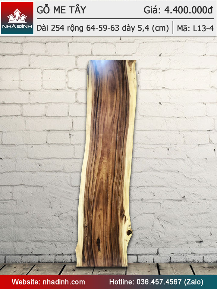 Mặt bàn gỗ Me Tây nguyên tấm dài 254 rộng 64-59-63 dày 5,4 (cm)