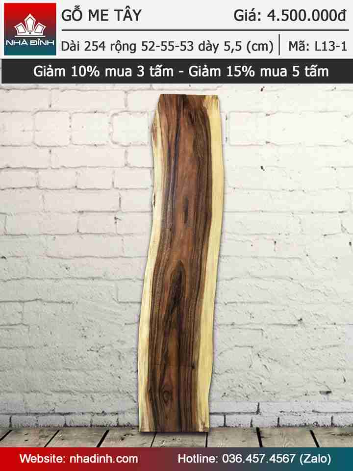 Mặt bàn gỗ Me Tây nguyên tấm dài 254 rộng 52-55-53 dày 5,3 (cm)