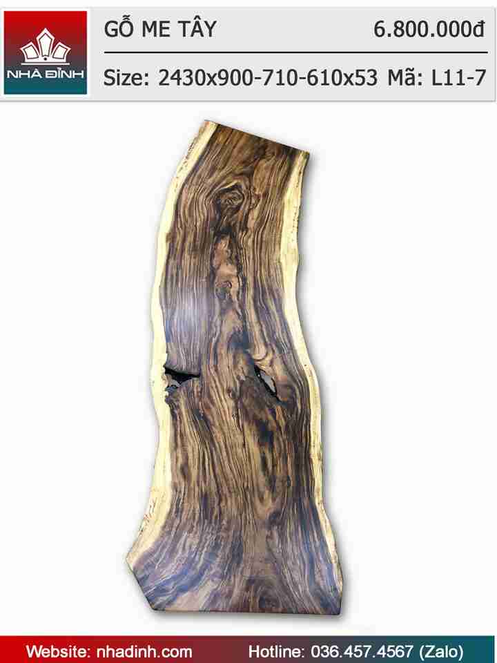 Mặt bàn gỗ Me Tây nguyên khối dài 2m43 rộng 90-71-61 dày 5,3 (cm)