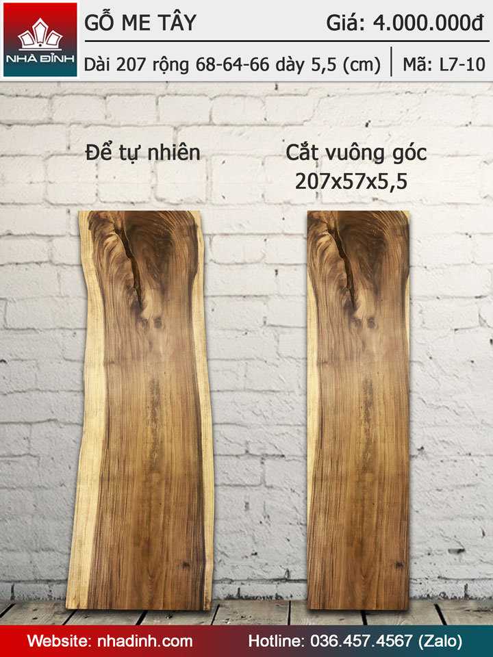 Mặt bàn gỗ Me Tây nguyên khối dài 2m07 rộng 68-64-66,5 dày 5,5 (cm)