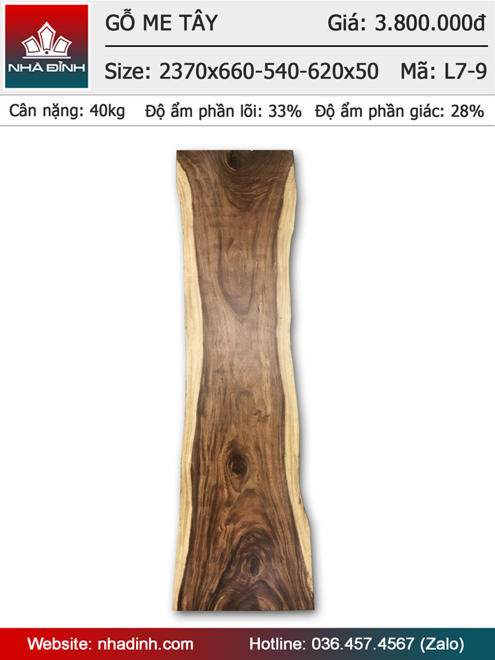 Mặt bàn gỗ Me Tây nguyên khối đài 2m37 rộng 66-54-62 dày 5 (cm)