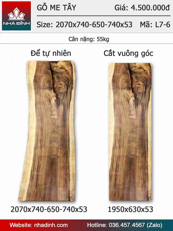 Mặt bàn gỗ Me Tây nguyên khối dài 2m07 rộng 74-65-74 dày 5,3 (cm)