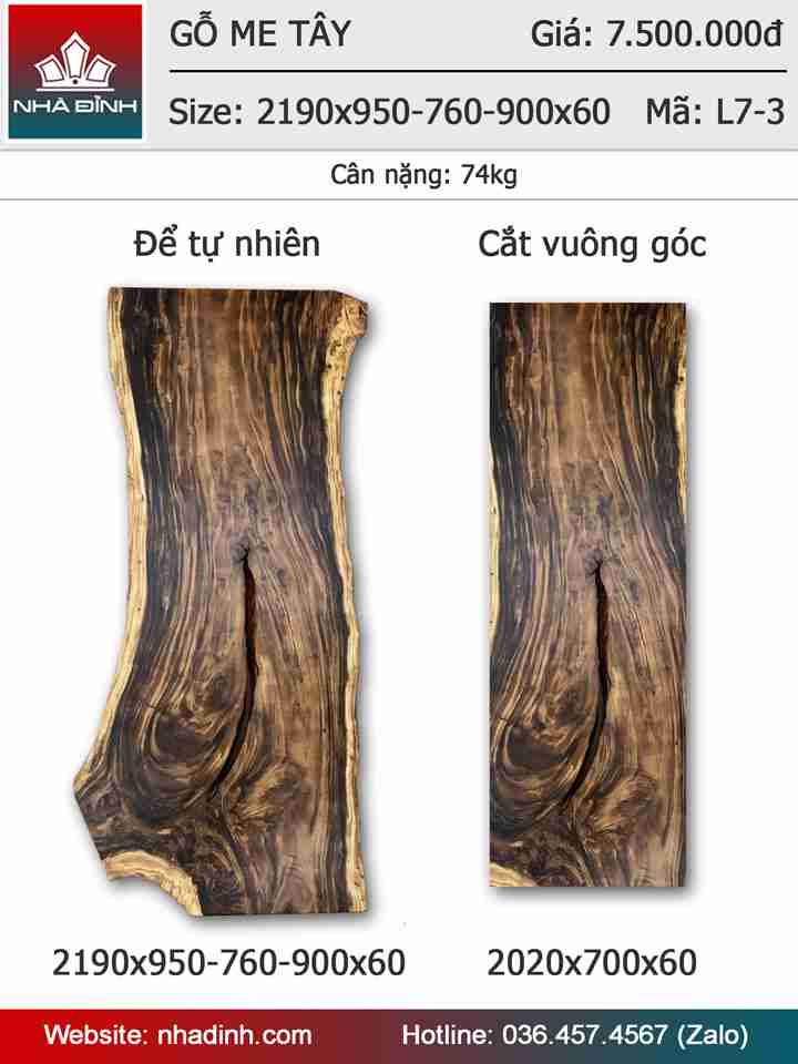 Mặt bàn gỗ Me Tây nguyên khối dài 2m19 rộng 95-76-90 dày 6 (cm)