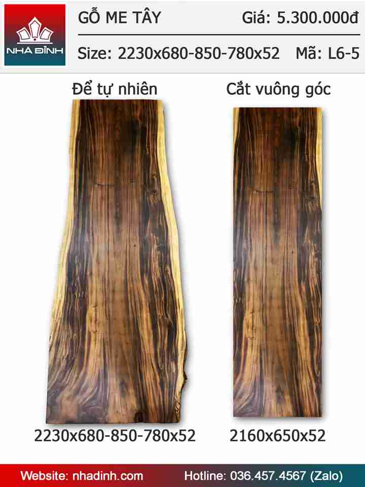 Mặt bàn gỗ Me Tây nguyên khối dài 2m23 rộng 68-85-78 dày 5,2 cm