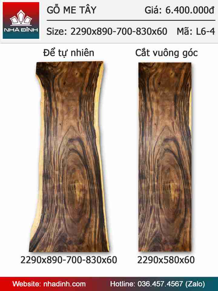 Mặt bàn gỗ Me Tây nguyên khối dài 2m29 rộng 89-70-83 dày 6cm