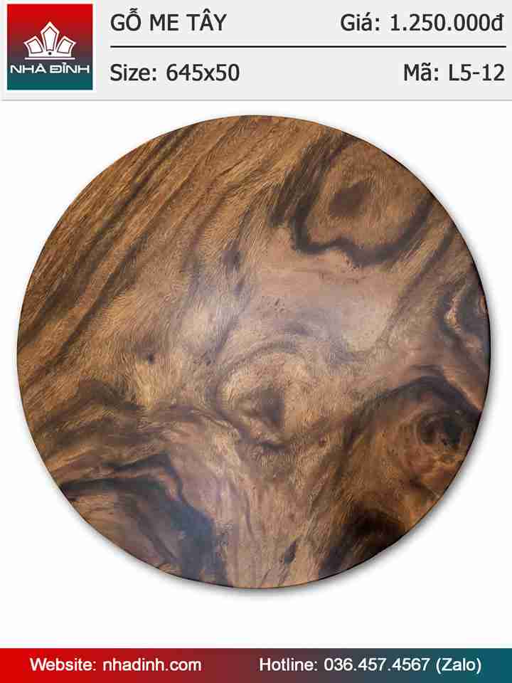 Mặt bàn tròn gỗ Me Tây nguyên tấm đường kính 64,5 dày 5cm
