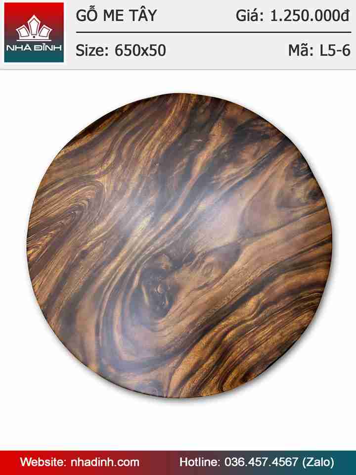 Mặt bàn tròn gỗ Me Tây nguyên tấm đường kính 65 dày 5cm