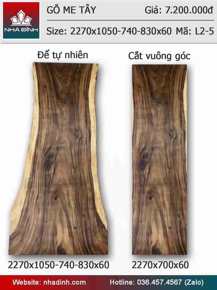 Mặt bàn gỗ Me Tây nguyên khối dài 2m27 rộng 1m05-74-83 dày 6 (cm)