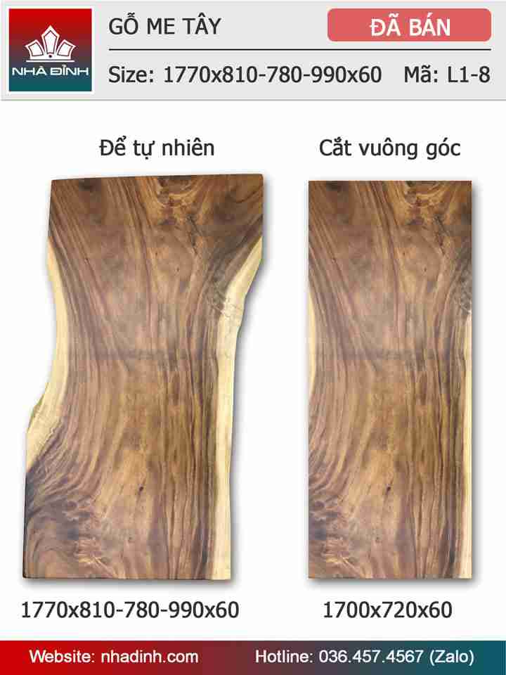 Mặt bàn gỗ Me Tây nguyên khối dài 1m77 rộng 81 - 78 - 99 dày 6 (cm)