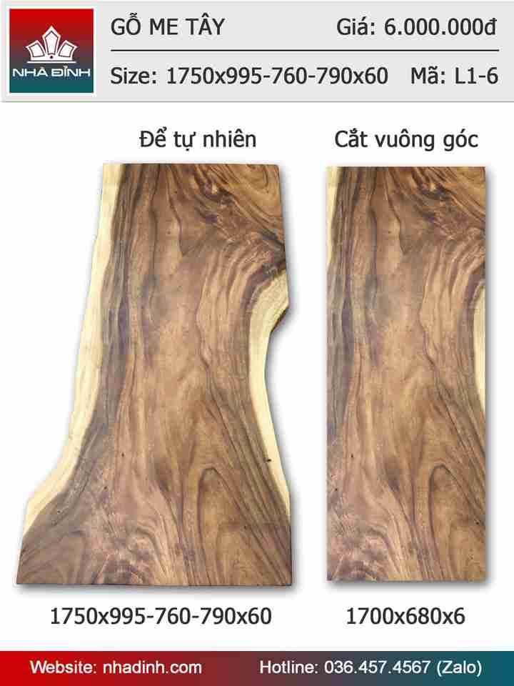 Mặt bàn gỗ Me Tây nguyên khối dài 1m75 rộng 99,5 - 76 - 79 dày 6 (cm)