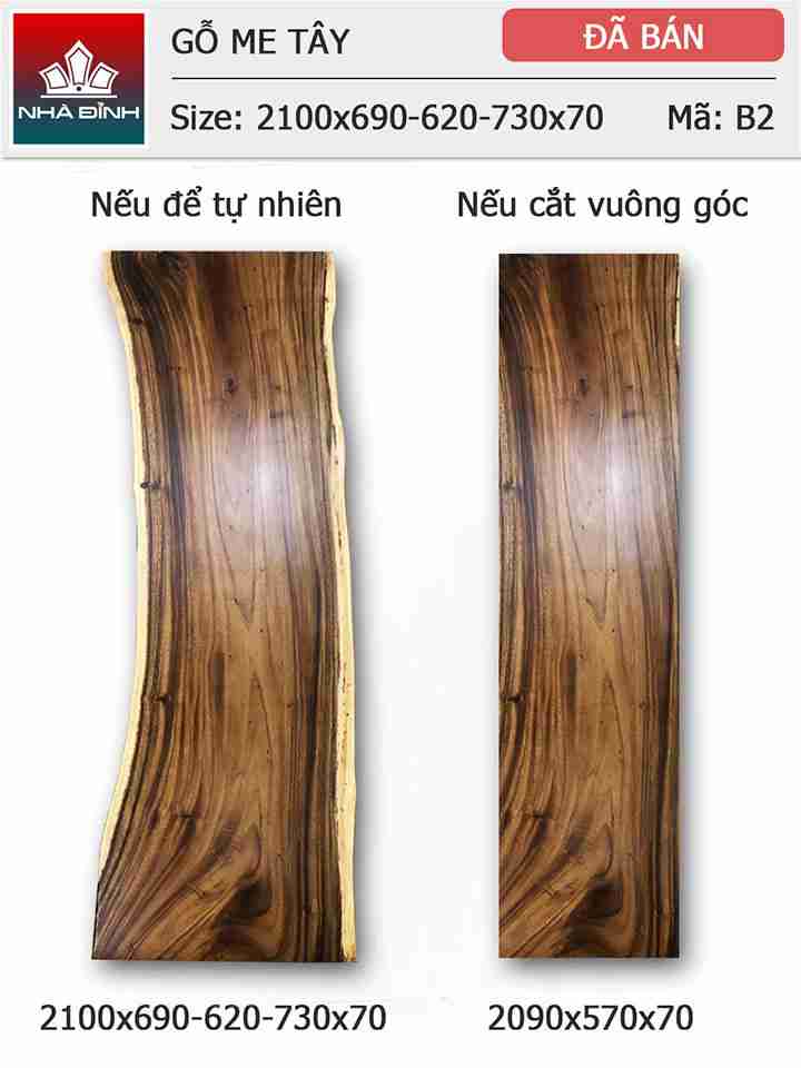 Mặt bàn gỗ Me Tây nguyên khối dài 2m1 rộng 69 - 62 - 73 dày 7 (cm)