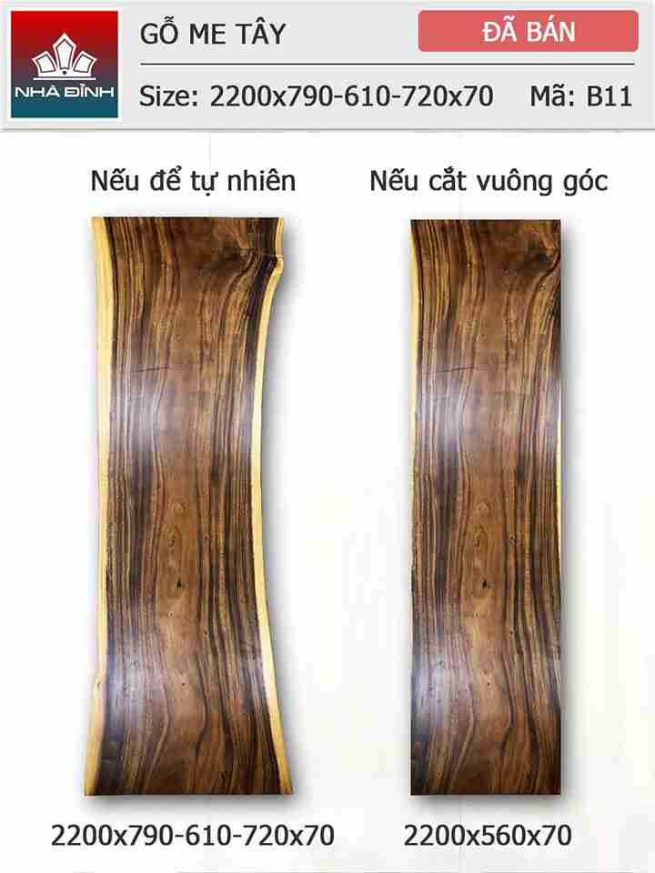 Mặt bàn gỗ Me Tây nguyên khối dài 2m2 rộng 79-61-72 dày 7 (cm)