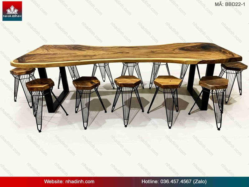 Bàn ăn gỗ Me Tây 12 ghế đôn lục giác độc đáo Bàn ăn gỗ Me Tây 12 ghế đôn lục giác độc đáo