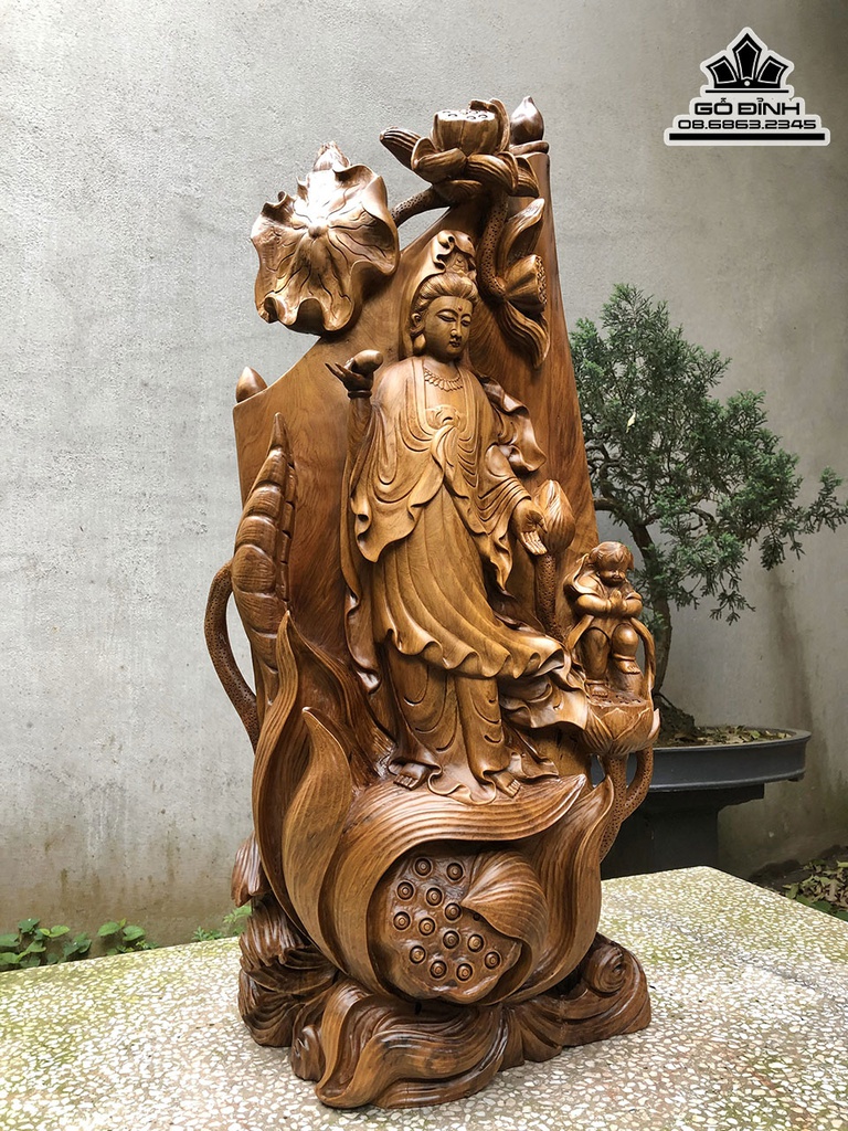 Tượng Phật Bà Quan Âm Gỗ Bách Xanh Cao 90 Ngang 42 Sâu 21 (cm) 1