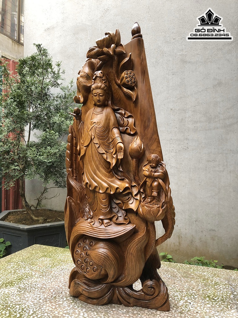 Tượng Phật Bà Quan Âm Gỗ Bách Xanh Cao 90 Ngang 42 Sâu 21 (cm) 2