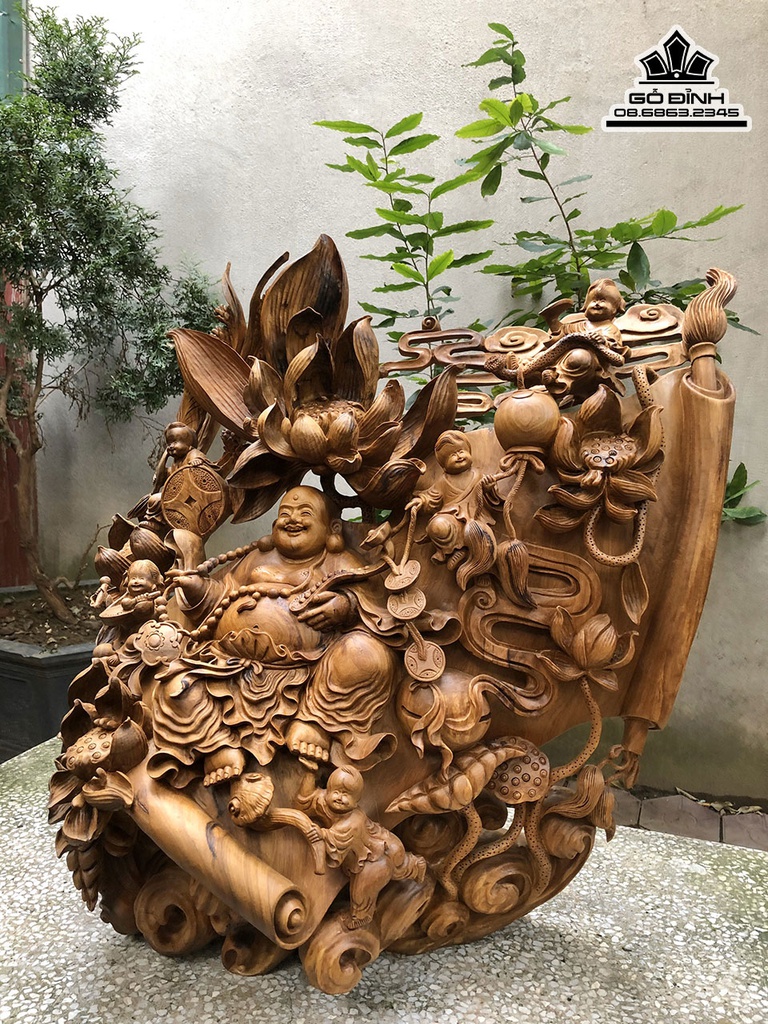 Tượng Phật Di Lặc Ngồi Đài Sen Gỗ Bách Xanh Cao 75 Ngang 72 Sâu 35 (cm) 1
