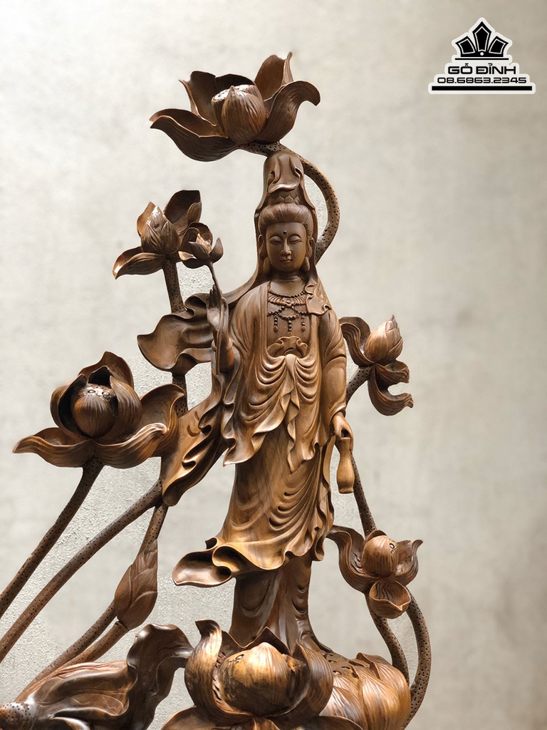 Tượng Phật Bà Quan Âm Gỗ Bách Xanh Cao 113 Ngang 58 Sâu 34 (cm) 2