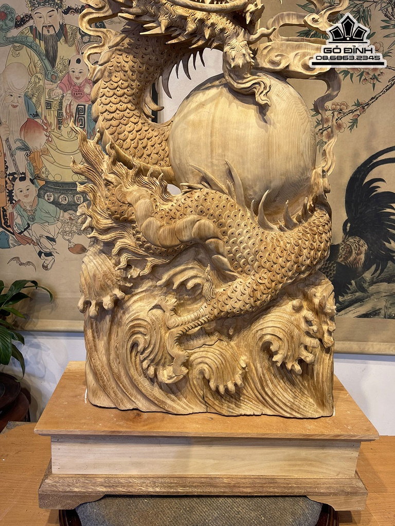 Tượng Rồng (Nhất Long) Nhả Ngọc Gỗ Ngọc Am Cao 100 Ngang 45 Sâu 16 Cao Cả Kỷ 115 (cm) 2