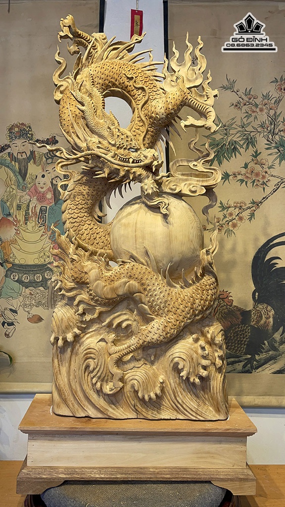 Tượng Rồng (Nhất Long) Nhả Ngọc Gỗ Ngọc Am Cao 100 Ngang 45 Sâu 16 Cao Cả Kỷ 115 (cm) 3