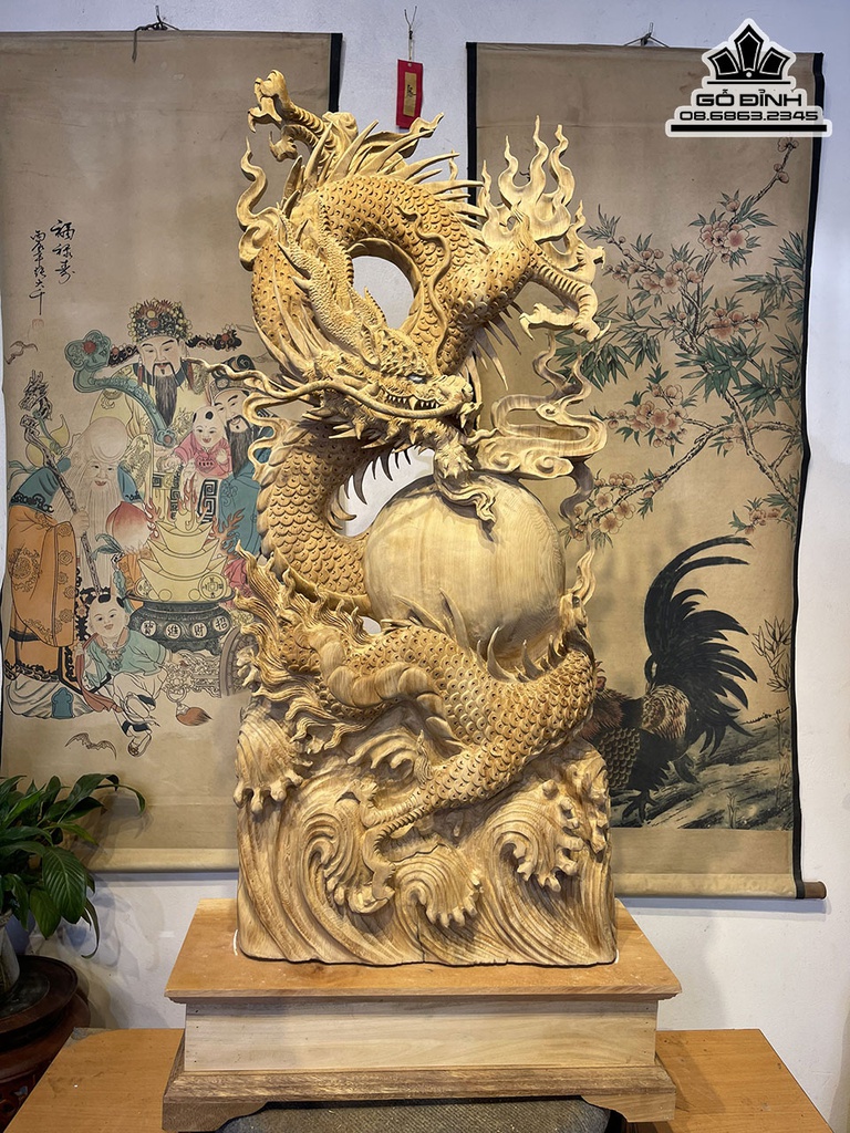 Tượng Rồng (Nhất Long) Nhả Ngọc Gỗ Ngọc Am Cao 100 Ngang 45 Sâu 16 Cao Cả Kỷ 115 (cm) 6