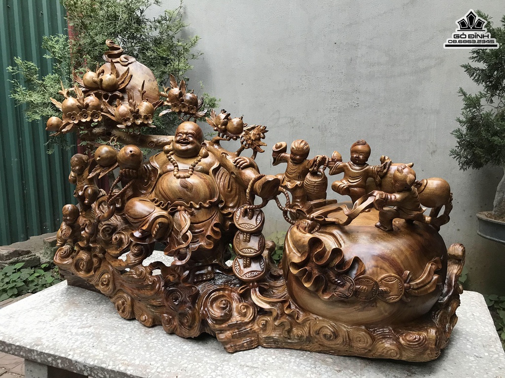 Tượng Di Lặc Ngũ Phúc Gỗ Bách Xanh Cao 38 Ngang 78 Sâu 24 (cm) 2