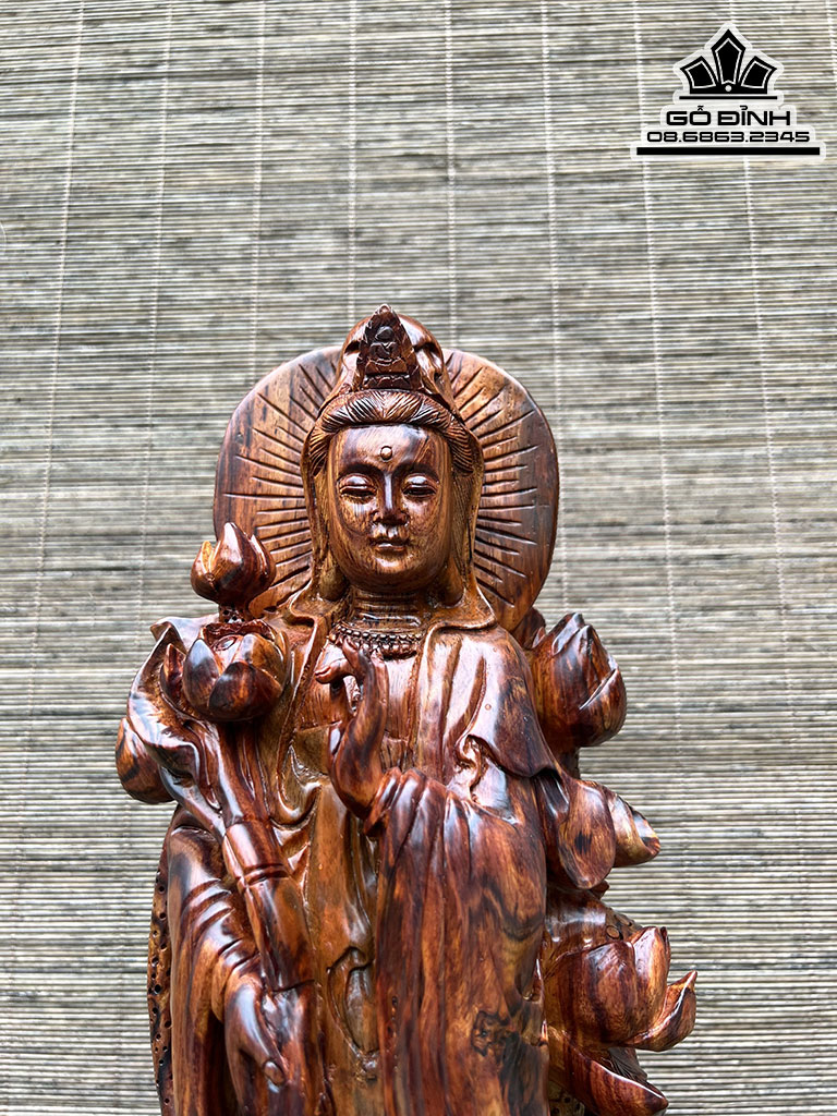 Tượng Phật Bà Tay Cầm Hoa Sen Gỗ Sưa Cao 55 Ngang 33 Sâu 25 (cm) 3