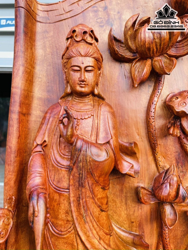 Tượng Phật Bà Quan Âm Gỗ Nu Hương Cao 66 Ngang 35 Sâu 20 (cm)