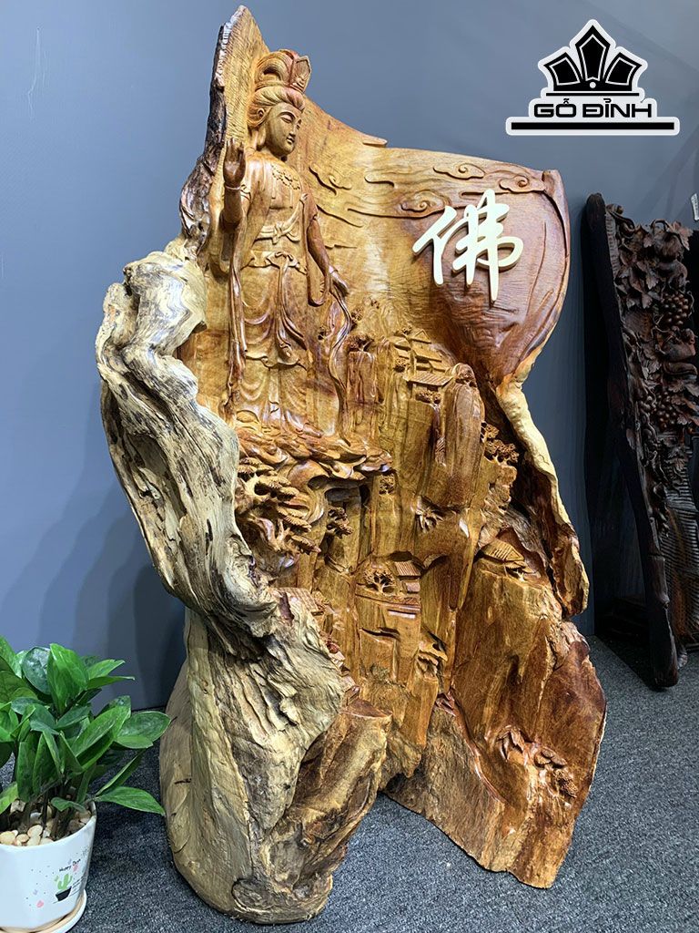 Tượng Phật Bà Quan Âm Gỗ Hương Cao 86 Ngang 55 Sâu 47 (cm)