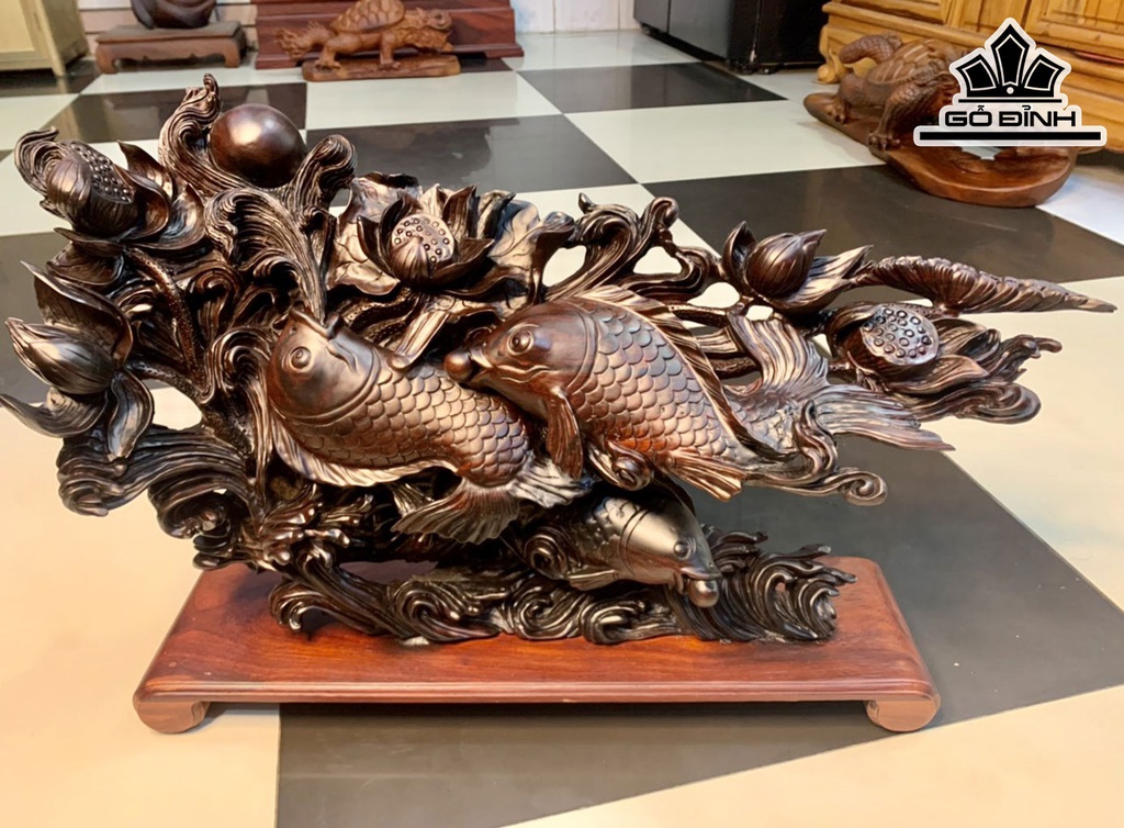 Tượng Tam Ngư Vờn Sen Gỗ Trắc Cao 37 Ngang 58 Sâu 13 (cm)