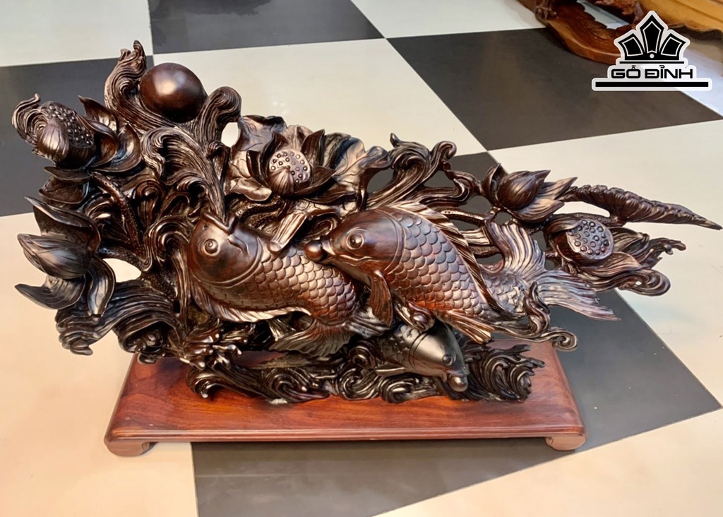 Tượng Tam Ngư Vờn Sen Gỗ Trắc Cao 37 Ngang 58 Sâu 13 (cm)