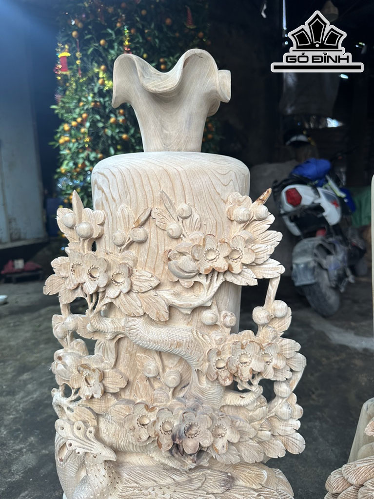 Cặp Lục Bình Chim Công Hoa Mai Gỗ Ngọc Am Cao 94 Ngang 35 Sâu 31 (cm)
