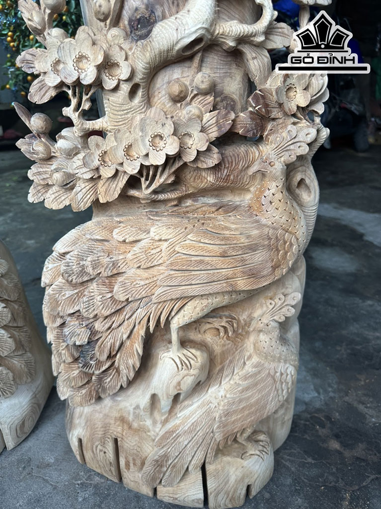 Cặp Lục Bình Chim Công Hoa Mai Gỗ Ngọc Am Cao 94 Ngang 35 Sâu 31 (cm)