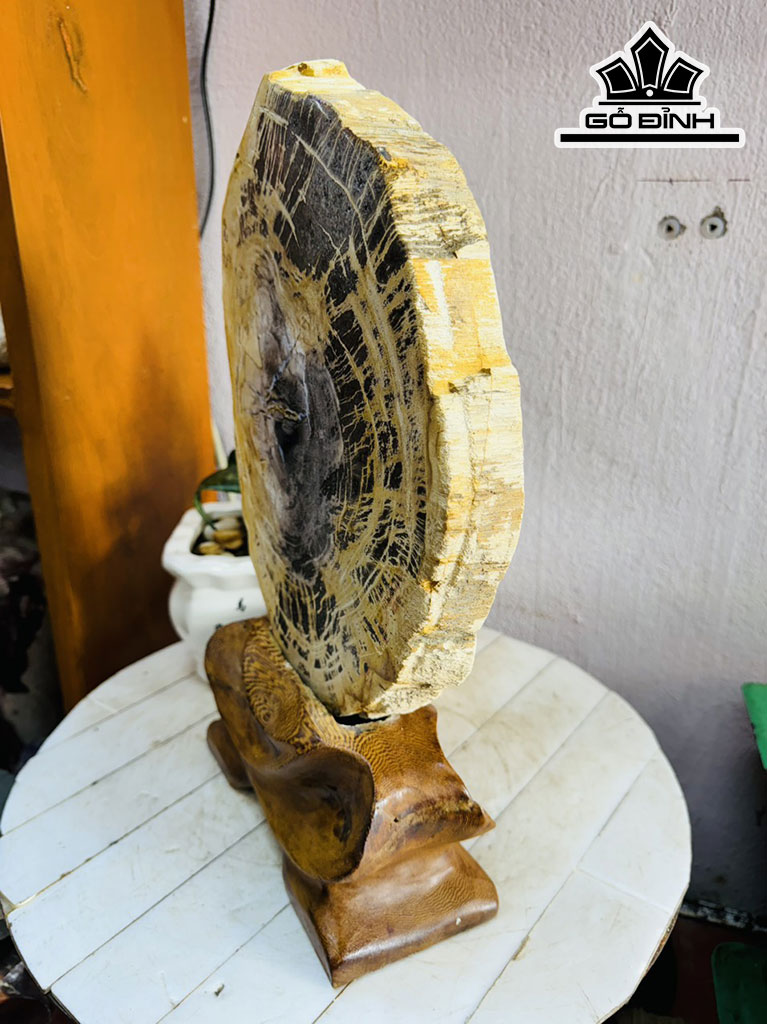 Tác Phẩm Lát Gỗ Hóa Thạch Vân Trắng Đen Cao 38 Ngang 20 Sâu 3 (cm) 4kg