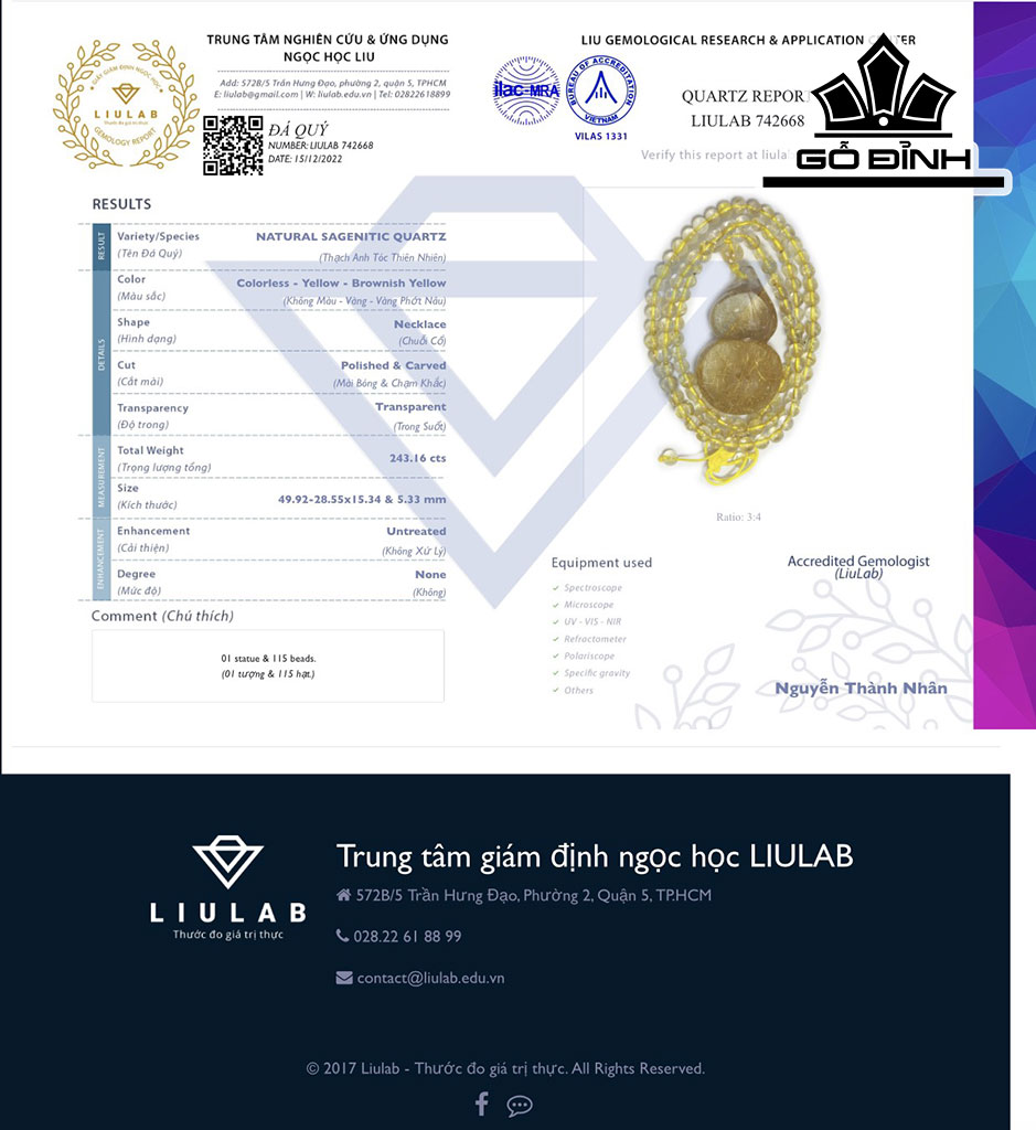 Mặt Dây Chuyền Hồ Lô Đá Thạch Anh Tóc Vàng Cao 49,92 Ngang 28,55 Sâu 15,34 (mm) 243,16cts
