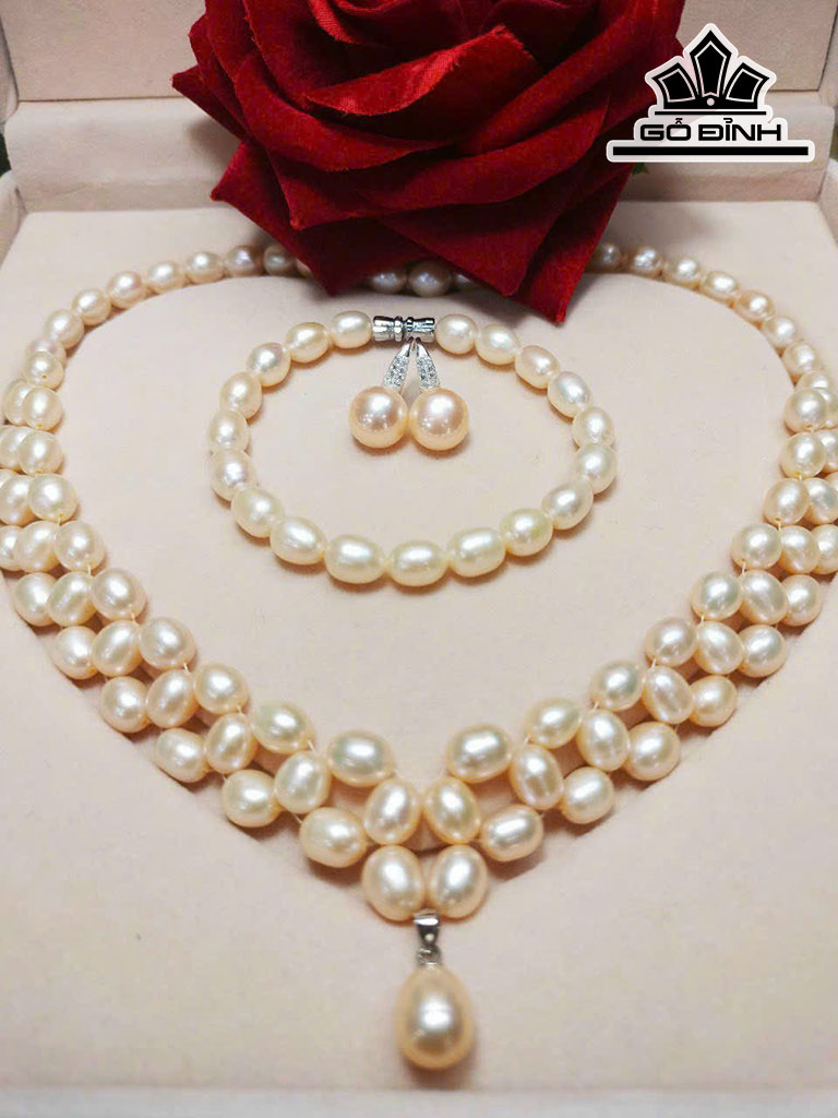 Set 3 Món Dây Chuyền Ngọc Trai Giọt Nước Hồng Cam Size 7 - 8 Li