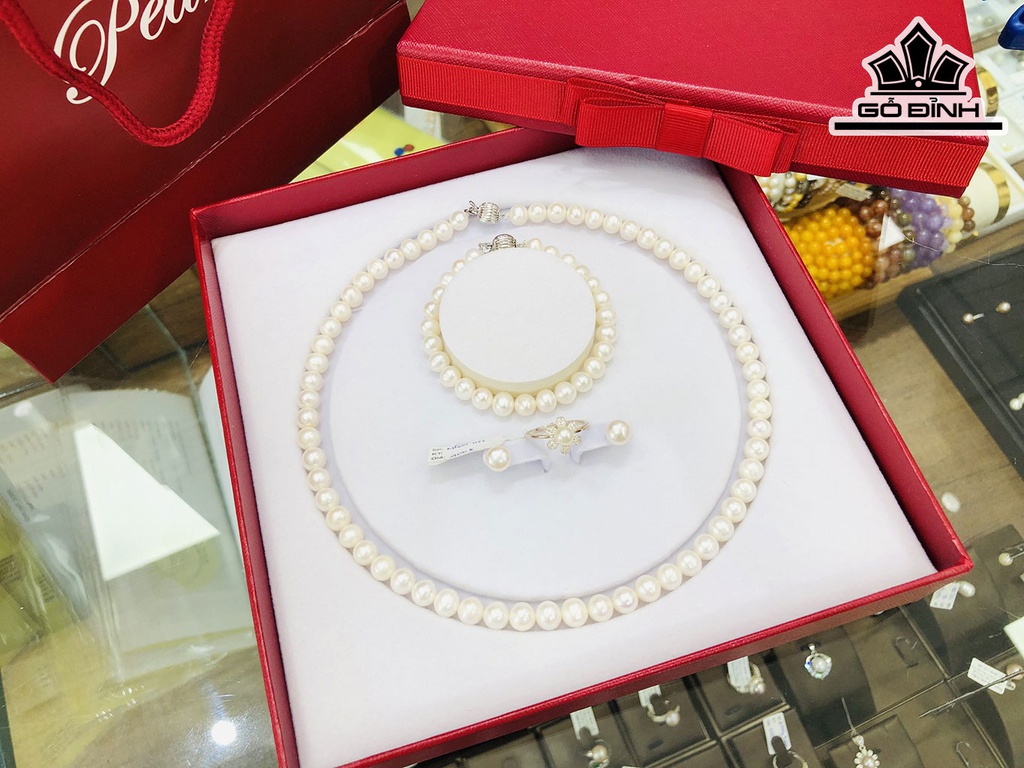Set 4 Món Vòng Cổ Ngọc Trai Trắng Size 7 Li
