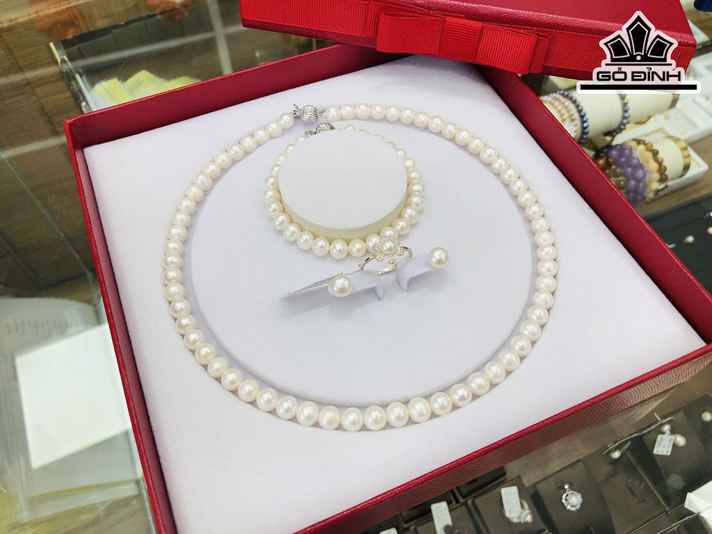 Set 4 Món Vòng Cổ Ngọc Trai Trắng Size 7 Li