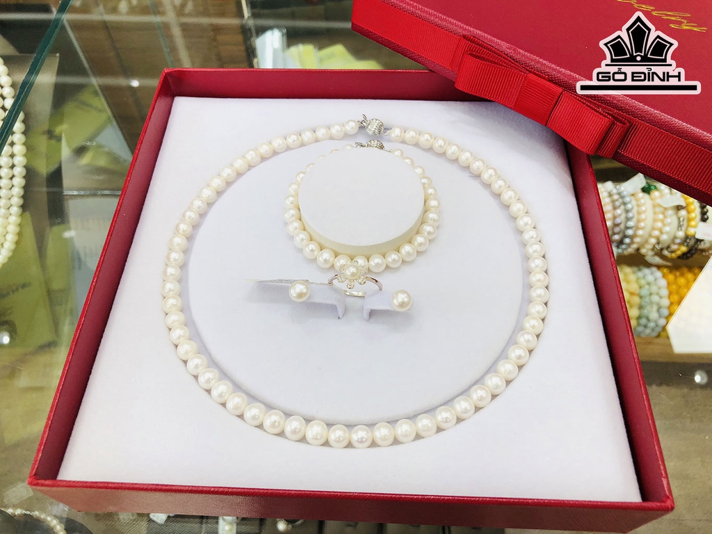 Set 4 Món Vòng Cổ Ngọc Trai Trắng Size 7 Li