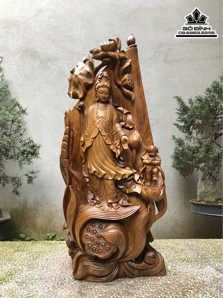 Tượng Phật Bà Quan Âm Gỗ Bách Xanh Cao 90 Ngang 42 Sâu 21 (cm)