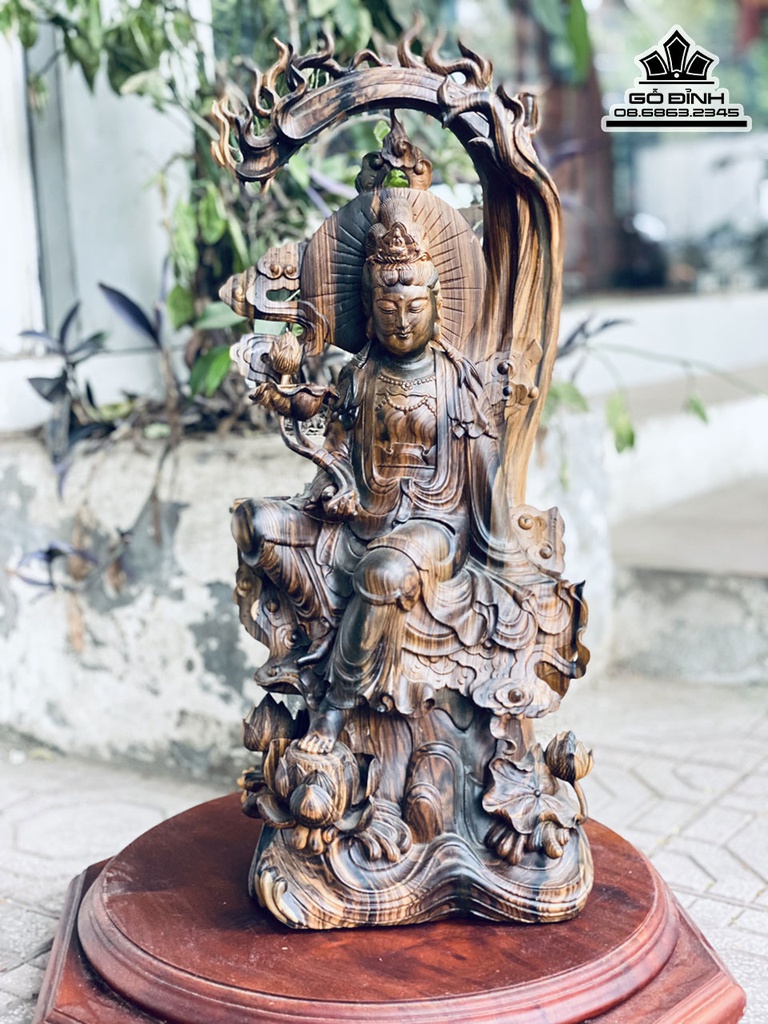 Tượng Phật Bà Quan Âm Ngồi Gỗ Mun Hoa Cao 58 Ngang 26 Sâu 18 (cm)