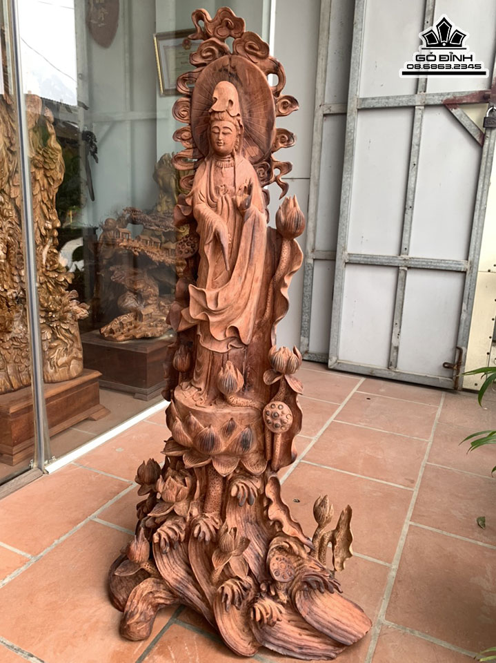 Tượng Phật Quan Âm Gỗ Hương Cao 124 Ngang 60 Sâu 36 (cm)