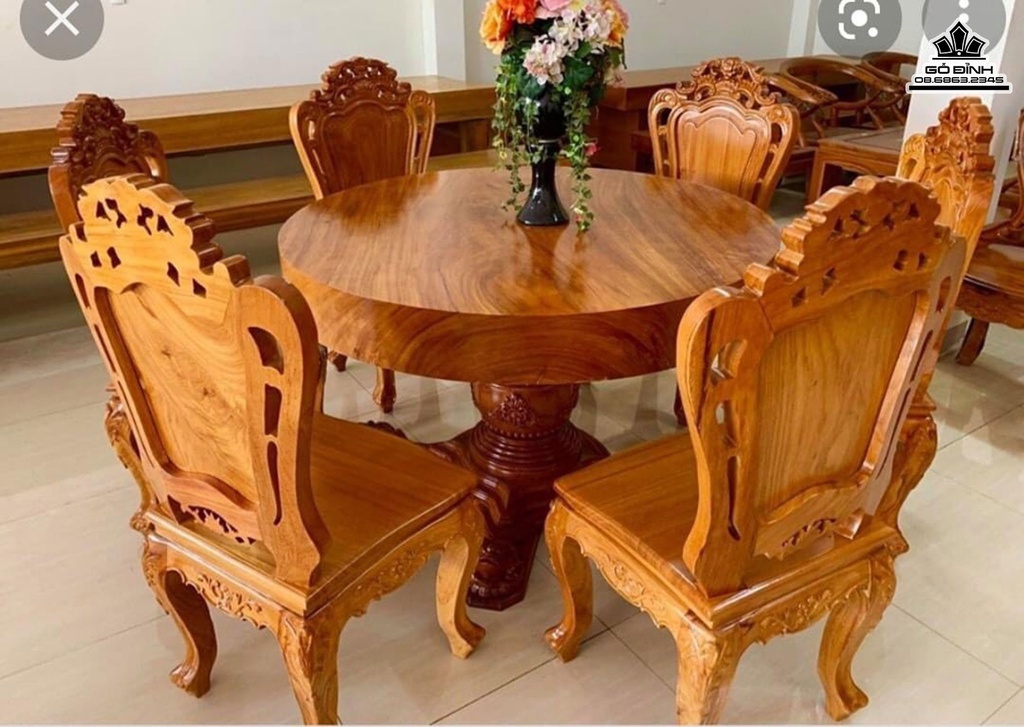 Bộ Bàn Ghế Hoàng Gia Gỗ Gõ Vàng Bàn Đường Kính 130 Dày 18 (cm)