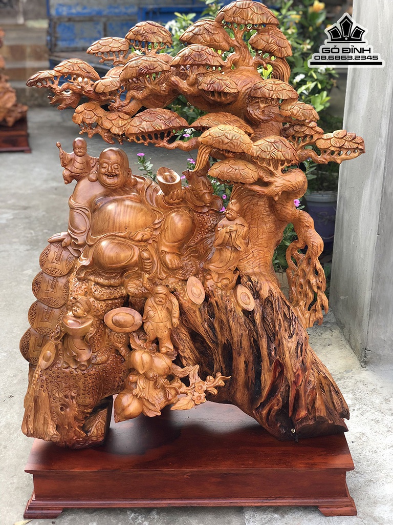 Tượng Phật Di Lặc Ngũ Phúc Ngồi Gốc Tùng Gỗ Hương  Việt Cao 136 Ngang 90 Sâu 40 (cm)